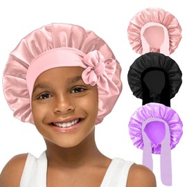 FIRSTPELLA 3 Pcs Baby Hair Bonnet for Sleeping - Kids Silk Satin Bonnets for Girls Curly Hair,Satin Sleep Bonnet for Teens Toddler Child(Pink+Black+Purple)