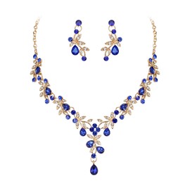 Clearine Wedding Jewellery Set for Women Bride, Y Necklace Dangle Earrings Set Impressive Crystal Teardrop Leaf Flower Cluster Prom Jewellery for Bride Bridesmaid Blue Gold Tone, Crystal