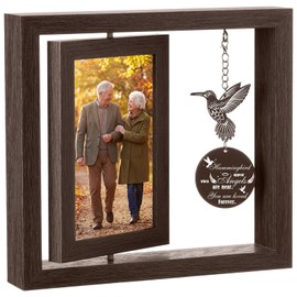 Mifoci Hummingbird Memorial Picture Frame for Loss of Loved One, Sympathy Bereavement Gift, Remembrance Wood Photo Frame with Angel Quote Pendant, Rotating Double Sided 4 x 6 Display