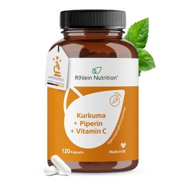 Rhein Nutrition Turmeric Capsules - Turmeric Complex with Curcumin C3 Complex® + Piperine & Vitamin C - 120 Capsules Vegan - Laboratory Tested - Made in Germany