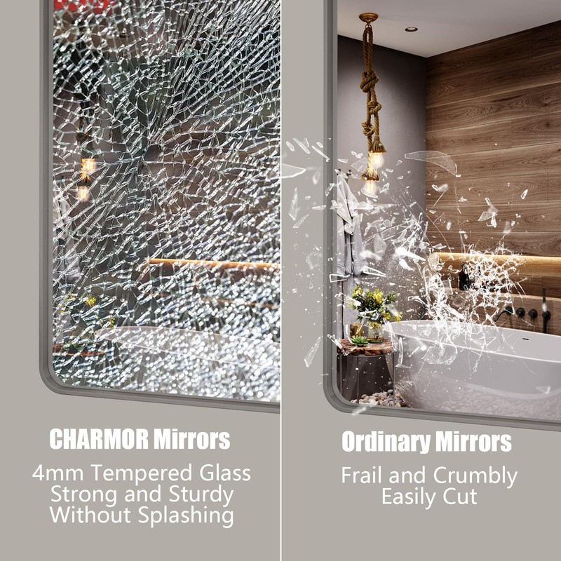 CHARMOR 24x32 Inch Brushed Nickel Bathroom Mirror, Rounded Rectangle Silver