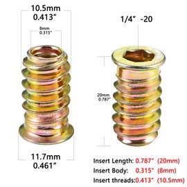PGMJ 80 Pcs 1/4 "- 20 Threaded Inserts for Wood - Metal Screws Assortment Hex Socket Drive Nut Inserts, Bolt Fastener Connector Wood Embellishments for Furniture (1/4"-20x20mm)