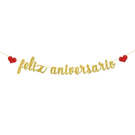 T-minimalist Feliz Aniversario Banner, Spanish Happy Anniversary Theme Party Decorations, Fiesta Mexican Theme Sign Gold 9.5 Feet