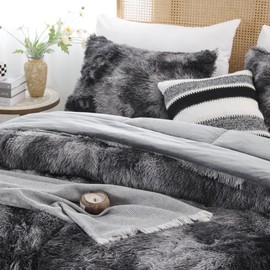 Smoofy Fluffy King Size Comforter Set, Faux Fur Comforter Set, Luxury Fuzzy King Bedding Set, Soft Shaggy Bed Set for All Season, 3 Pieces - 1 Comforter & 2 Pillowcases, Tie-Dye Grey