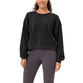 ODODOS Modal Soft Long Sleeve Cropped Sweatshirts for Women Oversized Crew Neck Pullover Crop Top, Fleece Lined Black, Large