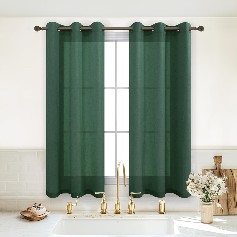 KOUFALL Dark Emerald Green Short Window Curtains for Bathroom Decor,Linen