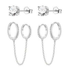 Sterling Silver Chain Hoop Earrings for Women Girls, Hypoallergenic Double Piercing Hoops Earrings & Cubic Zirconia Cartilage Studs Earrings Jewellery Set
