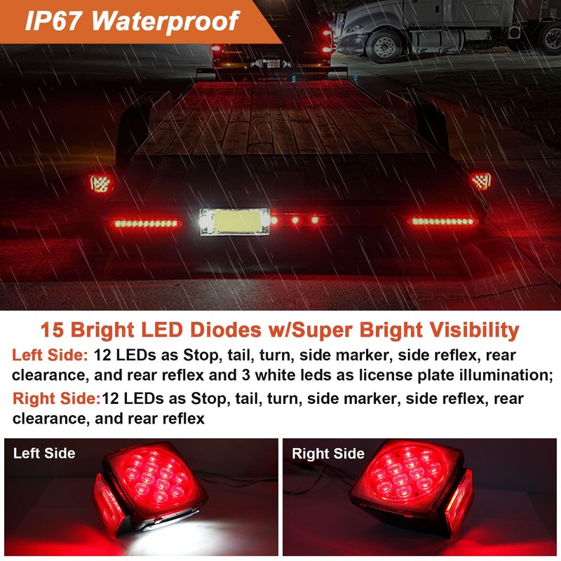 Partswcgg 12V Led Utility Trailer Lights Wiring Kit, Square Combination