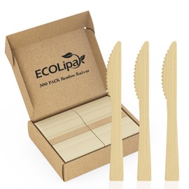 ECOLipak 300 Count Disposable Bamboo Knives, 6.7 Inch Bamboo Compostable Disposable Knives for Party, Wedding, Camping, Traveling, Family Dinners, Large Events