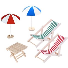 Miniature Beach Chair, Wooden Mini Decorative Deck Chair, Parasol, Table, Doll's Lounger, Beach Chair, Mini Lounger Chair, Folding Chair, Fabric Seat for Doll, Beach, Micro Landscape, DIY Decoration