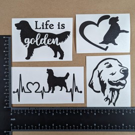 Golden Retriever Decal 4 Pack: Life is Golden, Golden Retriever Heartbeat, Golden Heart, Detailed Golden Retriever (Small ~3", Black)
