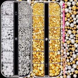 Ftimda 4100PCS Gold & Silver Pearls Rhinestones Nail Charms Half Round Small Beads Kit