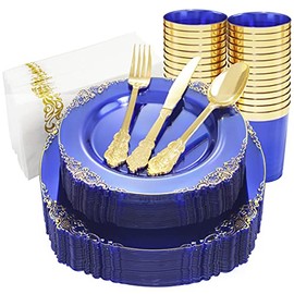 Nervure 175PCS Clear Blue Plastic Plates - Gold Plastic Plates Sets for 25 Guests Include 25Dinner Plates, 25Dessert Plates, 25Cups, 25Forks, 25Knives, 25Spoons, 25Napkins for Weddings & Parties