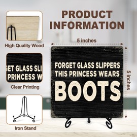 Western Desk Decor, Forget Glass Slippers This Princess Wears Boots Wooden Sign With Stand, Funny Plaque Gifts For Women, Farmhouse Home Office Desk Decor, Country Tabletop Shelf Accessories - d03