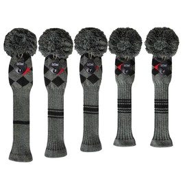 Scott Edward Golf Headcovers 5Pcs for Driver*1 Fairway*2 Hybrid*2,Knitted Elastic Yarn Double Layers Big Pom Protect Golf Club from Scracthes and Dust,Perfect Match Golf Bags (Grey/Red/Black Argyles)