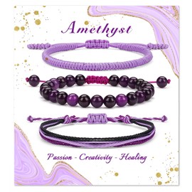 GolbalJew Healing Crystal Beaded Bracelets for Women Men, 6mm Amethyst Stone Beads Bracelets Set with 2PCS Adjustable Purple Rope Bracelets