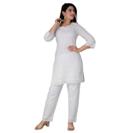 JG JAI GOVINDAM Chikankari Cotton Indian Kurtis For Women Summer Dresses Tunic Top Pant Set Pakistani Salwar Kameez Suit Set (Small)