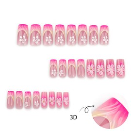 24 Pcs 3D Blush Gradient Press on Nails Medium Square Summer Fake Nails Yellow French False Nails with White Flowers Design Nude Nail Tips Full Cover Acrylic Glue on Nails for Women Manicure