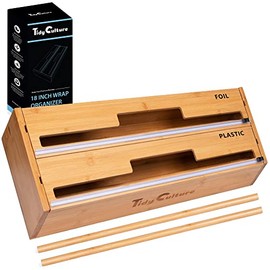 TidyCulture 18 Inch Foil Wrap Dispenser with Cutter, 2 in 1 Aluminum Butcher Parchment Paper Freezer Tin Wax Cling Foil and Plastic Wrap Organizer for Kitchen Drawer Bamboo Saran Storage Roll Holder