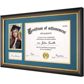 Yaetm 11x19 Diploma Frame for 8.5x11 Certificate & 4x6 Photo, Shatter-Resistant Real Glass Display Document with Navy over Gold Acid-Free Mat - Graduation Frame for Degree & Award, Wall Mount, Walnut