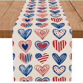 QIONG MENG 4th of July Table Runner Blue and Red Hearts Table Decoration for Home Memorial Day Independence Day Patriotic Indoor Kitchen Dining Decor 13x108 Inch