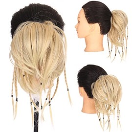 Dybst Synthetic Messy Hair Bun Tousled Wavy Elastic Braided Chignon Hairpiece Hair Rubber Scrunchie Extensions Instant Ponytail Updo for Women (Light Blonde/Bleach Blonde)