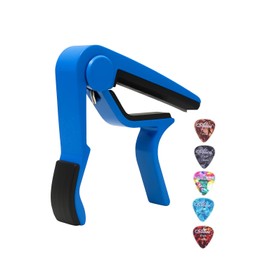 AKORD Quick Change Capo + 5 Picks for 6-String Acoustic & Electric Guitars, Classical Guitar & Ukulele – One-Handed Trigger Design, No Buzz, Lightweight & Durable – Blue