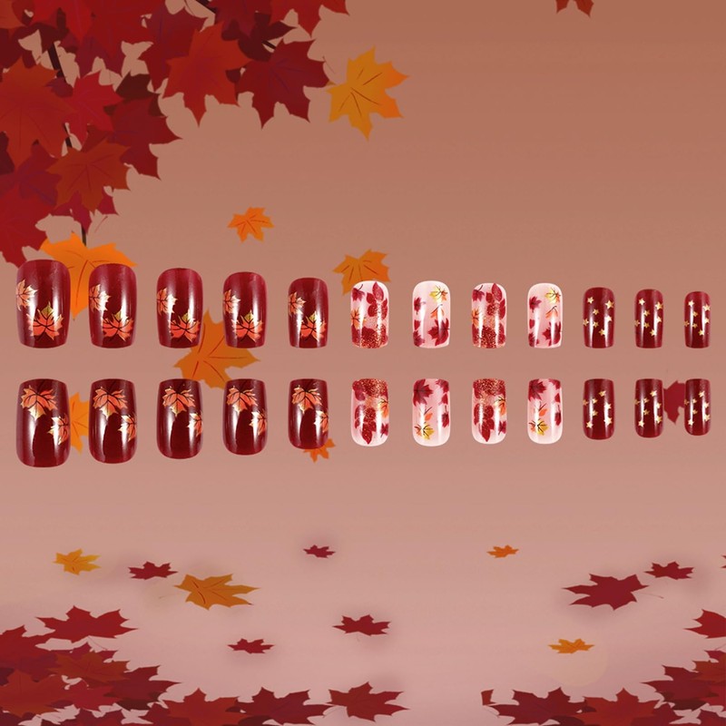 Burgundy Coffin Press-On Nails, 24-Piece Maple Leaf Glitter Nail Set