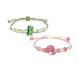 Yocoyee 2pcs Dinosaurs Bracelets Beaded Braided String Rope Chain Thread Adjustale Aniaml Bracelet for Women-Blue Pink