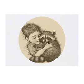 'Boy Sleeping with Raccoon' Temporary Tattoo - Water Resistant, Skin-Safe, Non-Toxic Transfer (TO00083775)
