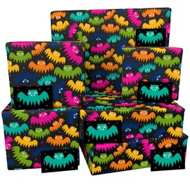 Luxury ECO Gift Wrap - 6 sheets/tags - Haloween Bewildered Bats Black - Birthday - Recycled & Recyclable Wrapping Paper - Re-wrapped