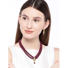 I Jewels Womens 18K Gold Plated Indian Beaded Jewelry Set With Earrings Set Encased With Faux Kundan (Ml238M) Maroon