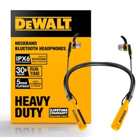 DEWALT Auriculares inalámbricos Bluetooth con Banda para el Cuello - Auriculares con Banda para el Cuello con 15 Horas de autonomía - Auriculares inalámbricos con Aislamiento del Ruido