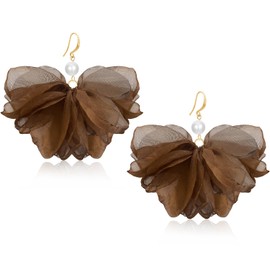 unixmoment Bohemian Big Pearl Fabric Flower Fringe Dangle Drop Earrings Handmade Floral Hook Earrings For Women (Brown)