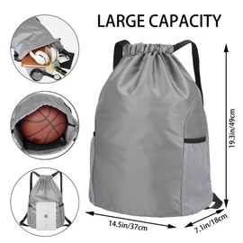 chongning Drawstring Gym Bag, Large Sports Backpack, Waterproof Drawstring Bag Bring Two Side Pockets, Swim Bags for Women Men, Gym Sack for School Sports Swimming Gym Travel Beach (Gray)