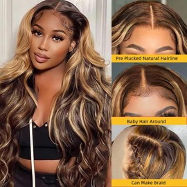 Highlight Ombre 13x4 Lace Front Wig Human Hair Body Wave Honey Blonde Glueless HD Transparent Lace Frontal Wigs for Women 200 Density Human Hair Pre Plucked with Baby Hair 32 Inch