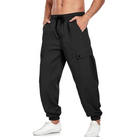 YYA Men's Streetwear Cargo Pants with Flap Pockets & Drawstring Elastic Waist Trouser Casual & Techwear Joggers Black M