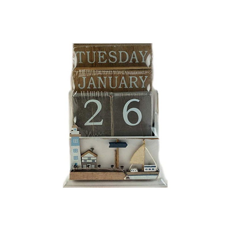 SiL Interiors Nautical Wooden Perpetual Calendar Desk Top Eternal Calendar