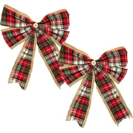 Black Duck Brand Christmas Holiday Burlap Holly Plaid Jingle Bell Decor Bows (Button; 2 Pack)