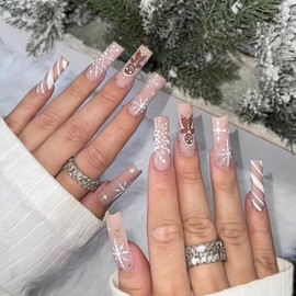 Snowflake Press on Nails Long Square Xmas Acrylic Nails Snowman Stripe Design False Nails French Tip Fake Nails Full Cover Glossy Artificial Coffin Nails Glue on Nails for Women Winter 24Pcs