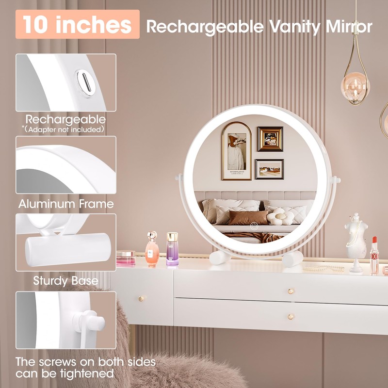 Hasipu 10-inch Lighted Makeup Mirror with Magnification, White Frame Rechargeable