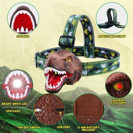 Nitigo Dinosaur Headlamp for Kids Flashlight Rechargeable Led Headlights Roar & Silent Mode, T-Rex Dinosaur Toys for Kids 3-5 4-6 5-7 6-8, Camping Gear, Valentines Day Gifts for Boys Girls Adults