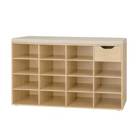 DINZI LVJ Shoe Bench, Entryway Storage Bench with Drawer and 15 Cubbies, Cubby Shoe Rack with Adjustable Shelves, Shoe Organizer Cabinet for Living Room, Bedroom, Mudroom, Closet and Garage, Natural