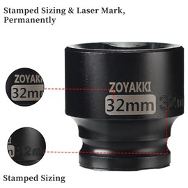 ZOYAKKI Shallow Impact Socket, SAE, 1/2 Inch Drive, 6 Point, Metric x 32 mm