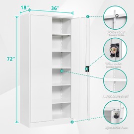 SISESOL White Metal Storage Storage Cabinet with 5 Adjustable Shelves,Metal Cabinet with Locking Doors,Steel Pantry Cabinet with Lock,72" Lockable Storage Cabinet for Home,Office,Garage,Kitchen,Shop