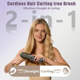 SL Euthtion Cordless Hair Curling Iron Brush Rechargeable Battery-Powered, 3-in-1 Portable Hot Straightener Curling Comb 3 Temperature Settings with LCD Display