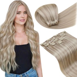 LaaVoo Clip in Hair Extensions Real Human Hair Dark Blonde Highlight Platinum Blonde Hair Extensions Clip in Seamless Remy Real Hair Extensions Clip in Human Hair 16 Inch 5pcs 80g #18/613