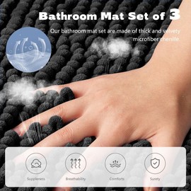 UHOUSEST Bathroom Mat Set of 1, Non Slip Chenille Bath Mat Set Rugs, Extra Soft with Water Absorbent Pedestal Bath Mats for Bathroom, 40x60cm, Black