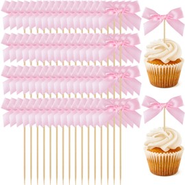 64 Pcs Pink Bow Cupcake Toppers, Bow Themed Party Decorations, Coquette Glitter Birthday Decorations for Bridal Shower
