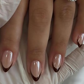 Uñas postizas cortas cuadradas con punta francesa color marrón café cromado, uñas postizas de gel esmaltadas, uñas postizas reutilizables con pegament